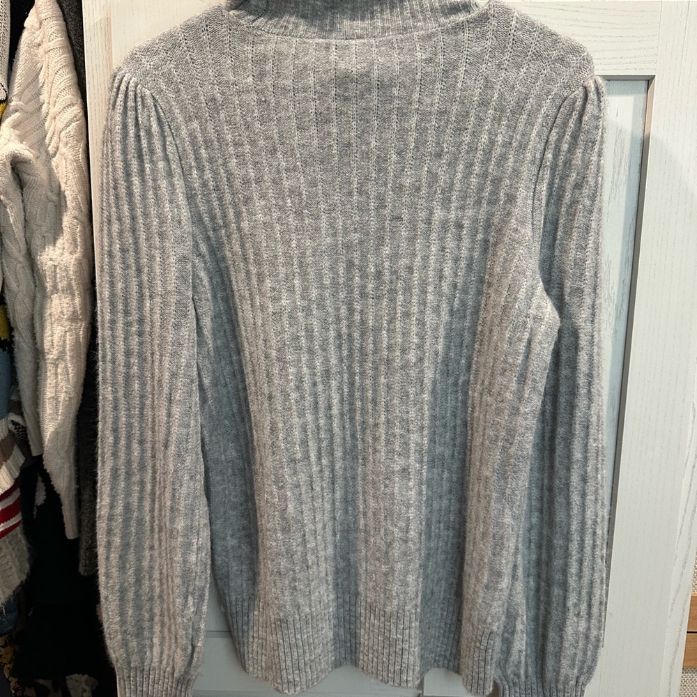 LOFT Light Gray Ribbed Ruffle-Neck Sweater - Picture 3 of 3